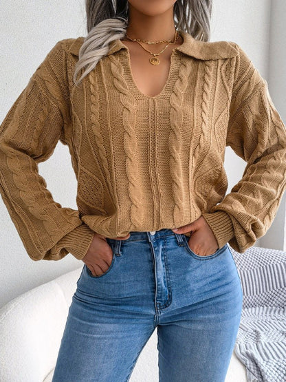 Sweaters - Casual Lapel Twist Long Sleeve Knit Sweater - MsDressly