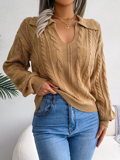Sweaters - Casual Lapel Twist Long Sleeve Knit Sweater - MsDressly