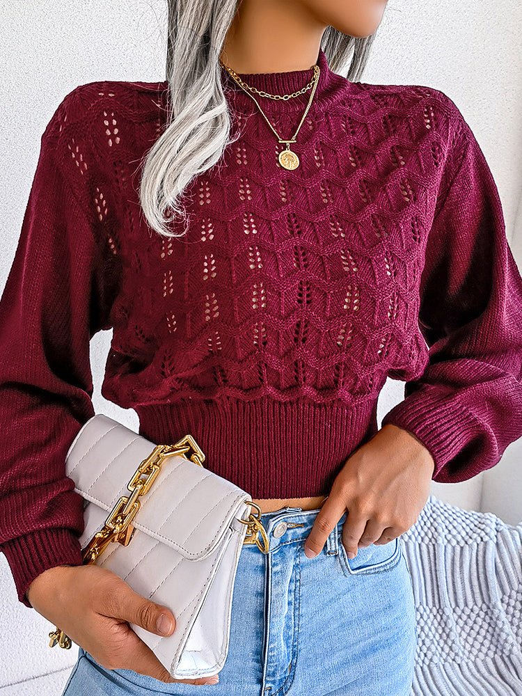 Sweaters - Cutout Striped Balloon Sleeve Cropped Knit Sweater - MsDressly