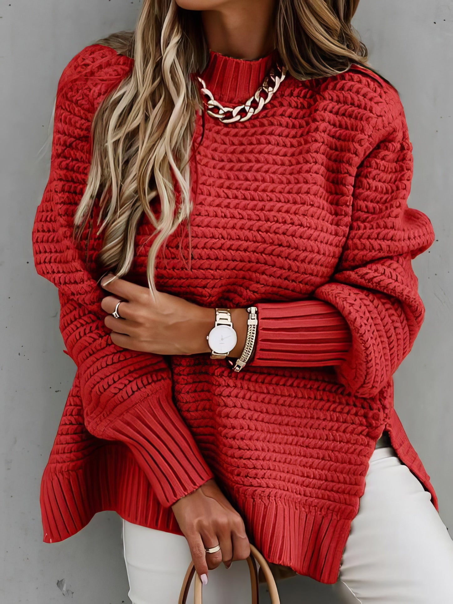 Half Turtleneck Solid Split Sweater