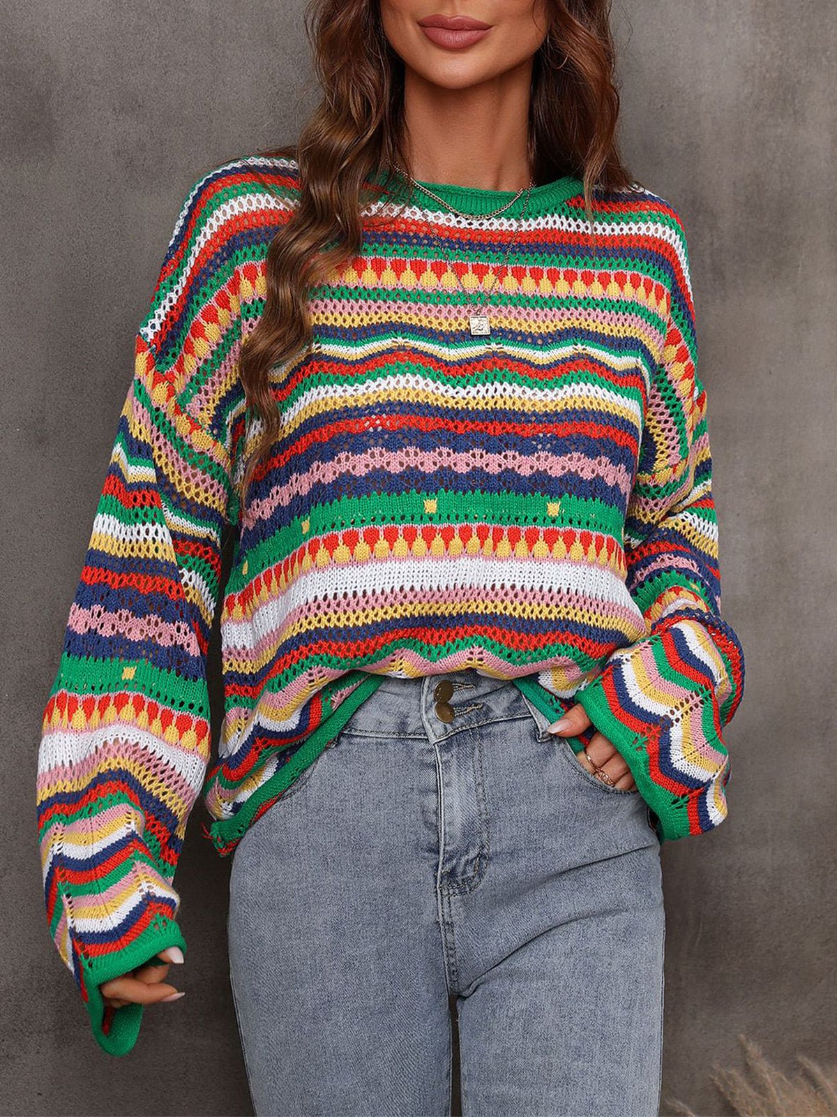 Sweaters - Hollow Stripe Long Sleeve Round Neck Sweater - MsDressly