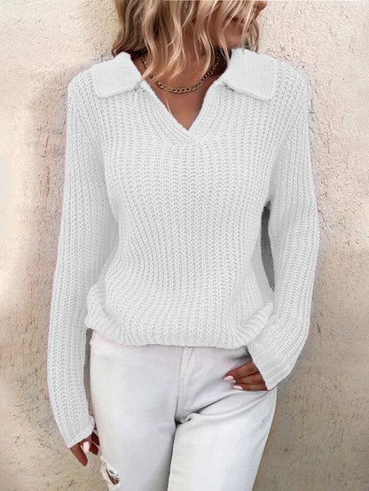 Sweaters - Lapel Solid Slim Fit Knit Sweater - MsDressly