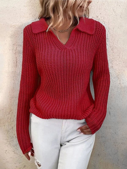 Lapel Solid Slim Fit Knit Sweater