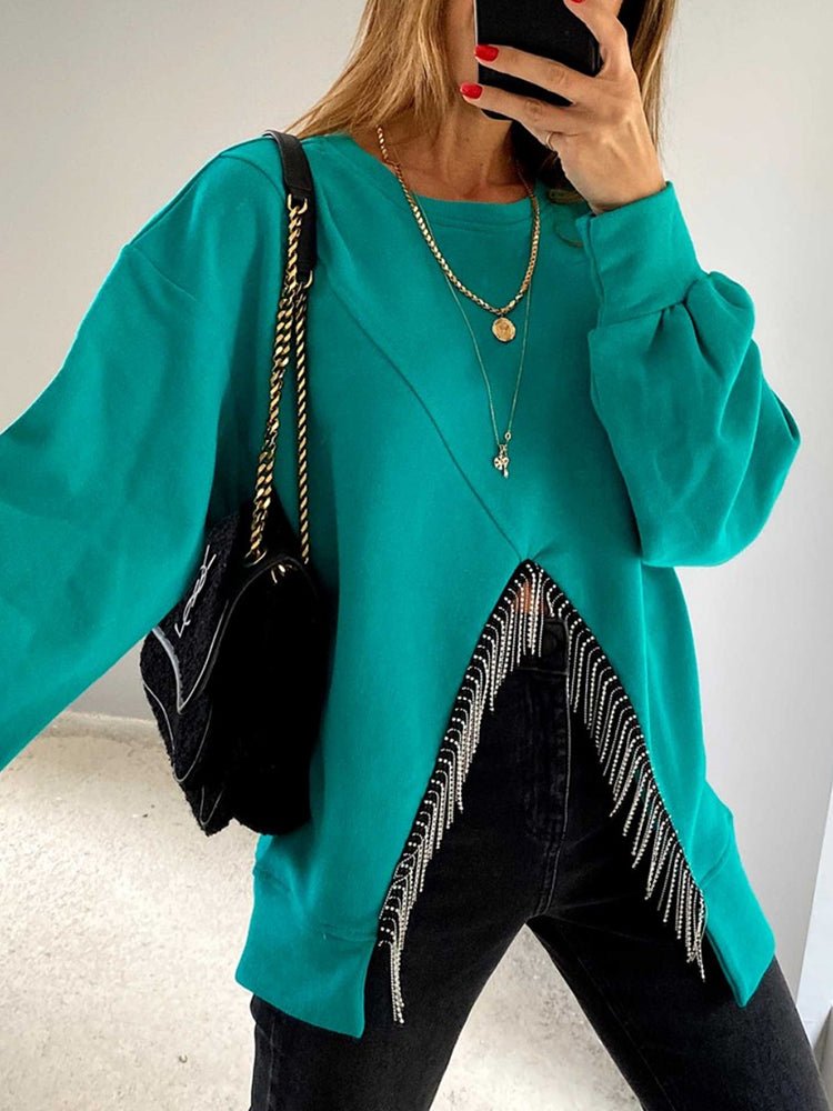 Round Neck Solid Split Tassel Loose Casual Hoodie