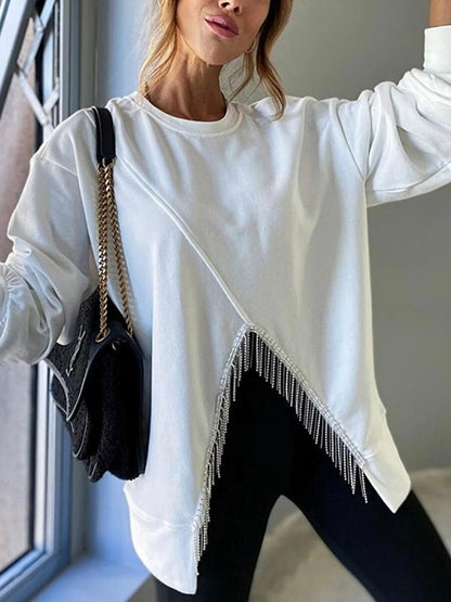 Hoodies - Round Neck Solid Split Tassel Loose Casual Hoodie - MsDressly