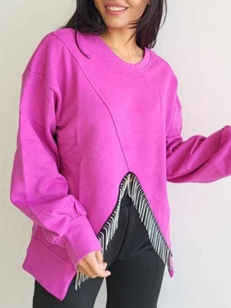 Round Neck Solid Split Tassel Loose Casual Hoodie