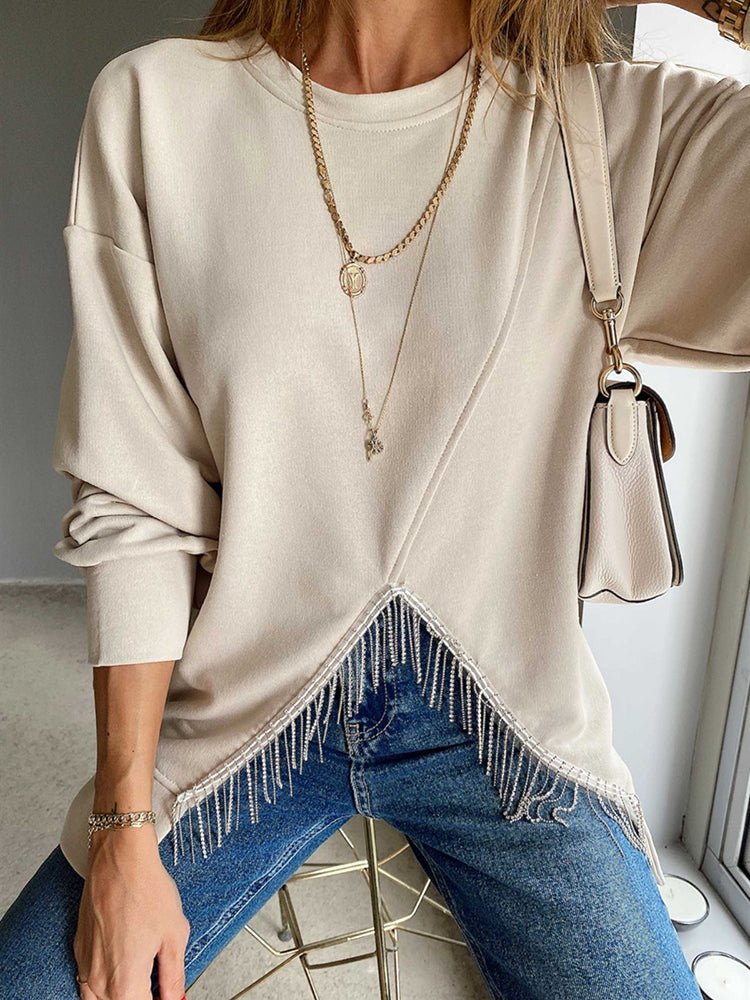 Hoodies - Round Neck Solid Split Tassel Loose Casual Hoodie - MsDressly