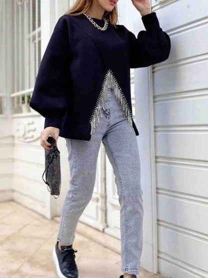 Hoodies - Round Neck Solid Split Tassel Loose Casual Hoodie - MsDressly