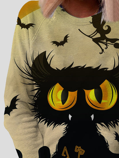 T-Shirts - Cat Print Round Neck Long Sleeve T-Shirt - MsDressly