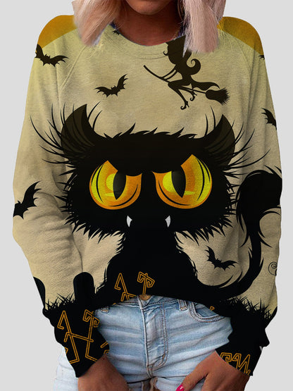 T-Shirts - Cat Print Round Neck Long Sleeve T-Shirt - MsDressly