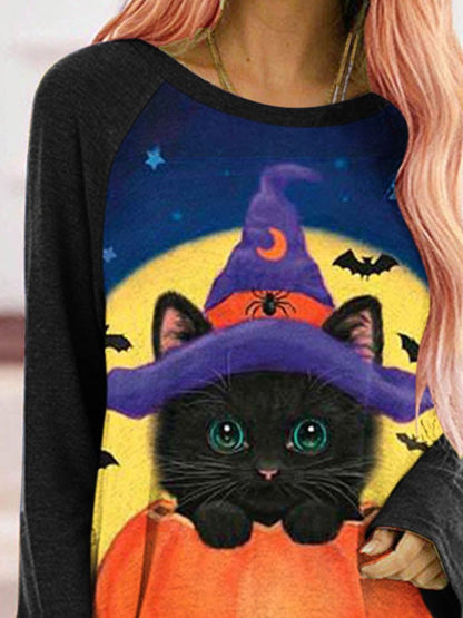 T-Shirts - Cat Pumpkin Print Crew Neck Long Sleeve T-Shirt - MsDressly