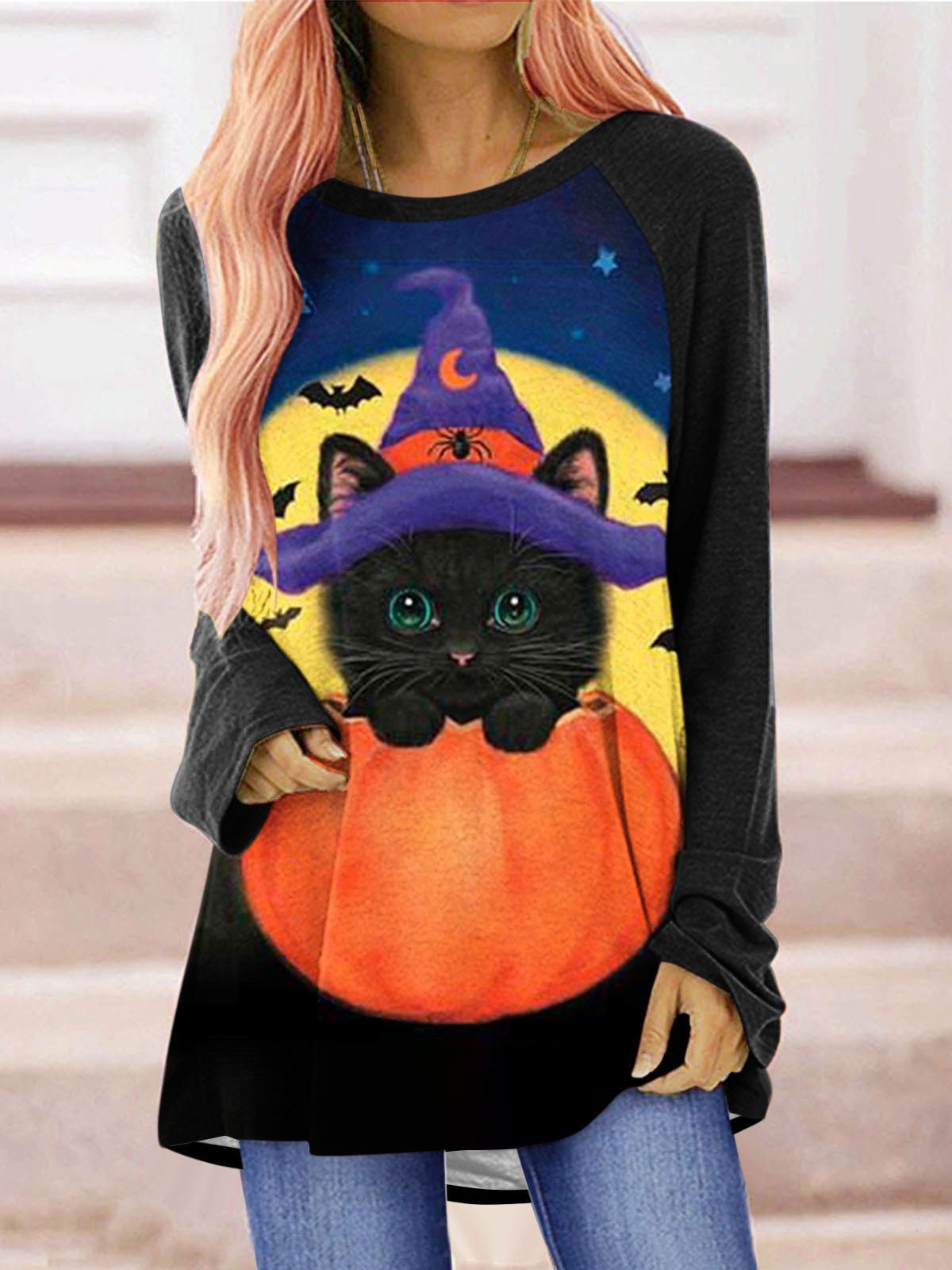 T-Shirts - Cat Pumpkin Print Crew Neck Long Sleeve T-Shirt - MsDressly