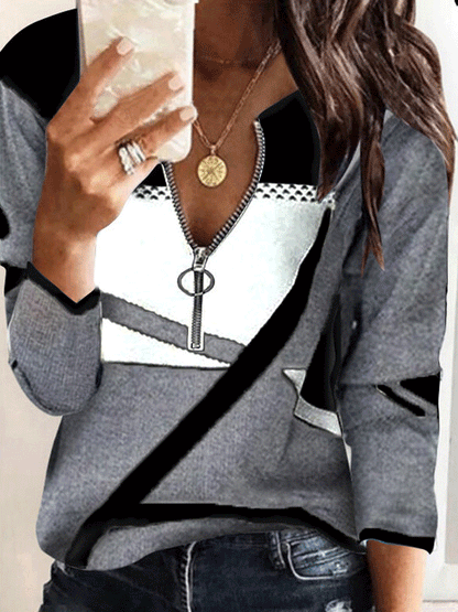 Colorblock Printing V-Neck Zipper Long Sleeve T-Shirt