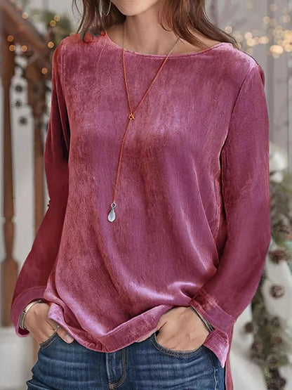 T-Shirts - Gold Velvet Long Sleeve Round Neck T-Shirt - MsDressly