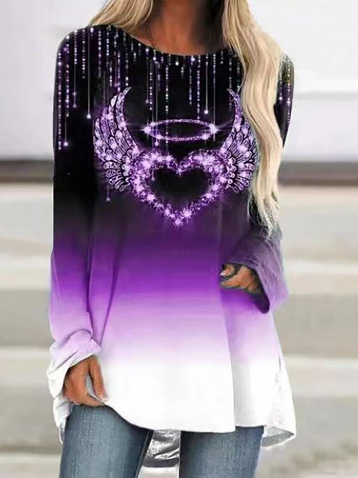 T-Shirts - Loose Crew Neck Heart Print Long Sleeve T-Shirt - MsDressly