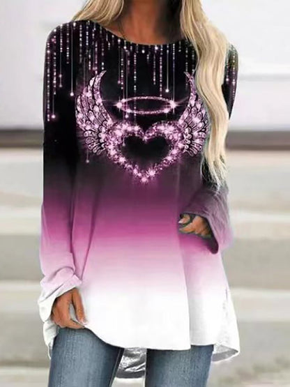 T-Shirts - Loose Crew Neck Heart Print Long Sleeve T-Shirt - MsDressly