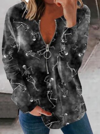 T-Shirts - Loose Print Zip Long Sleeve T-Shirt - MsDressly