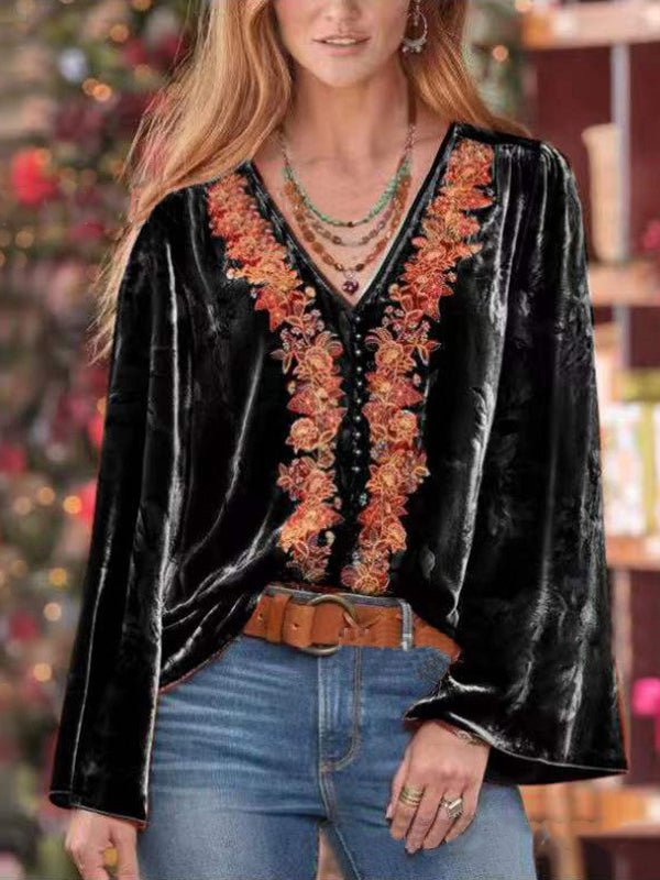 Printed Casual Relaxed Long Sleeve V-Neck T-Shirt