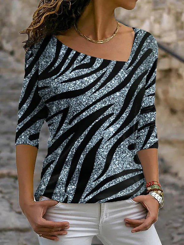 T-Shirts - Printed Diagonal Neck Long Sleeve T-Shirt - MsDressly