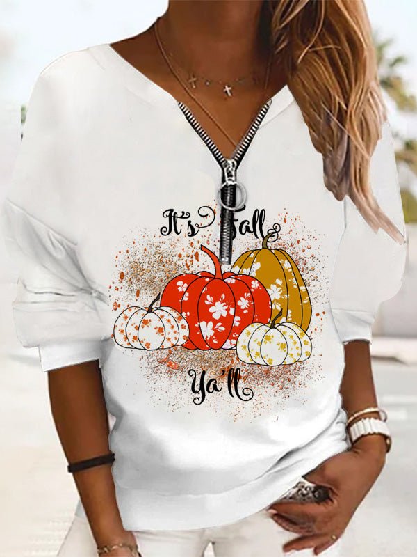 T-Shirts - Printed Zip Long Sleeve Casual T-Shirt - MsDressly