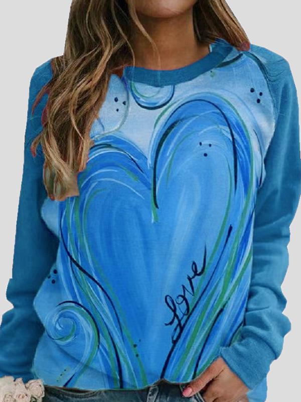 Round Neck Heart-Shaped Print Long Sleeve T-Shirt