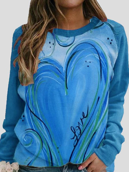 T-Shirts - Round Neck Heart-Shaped Print Long Sleeve T-Shirt - MsDressly