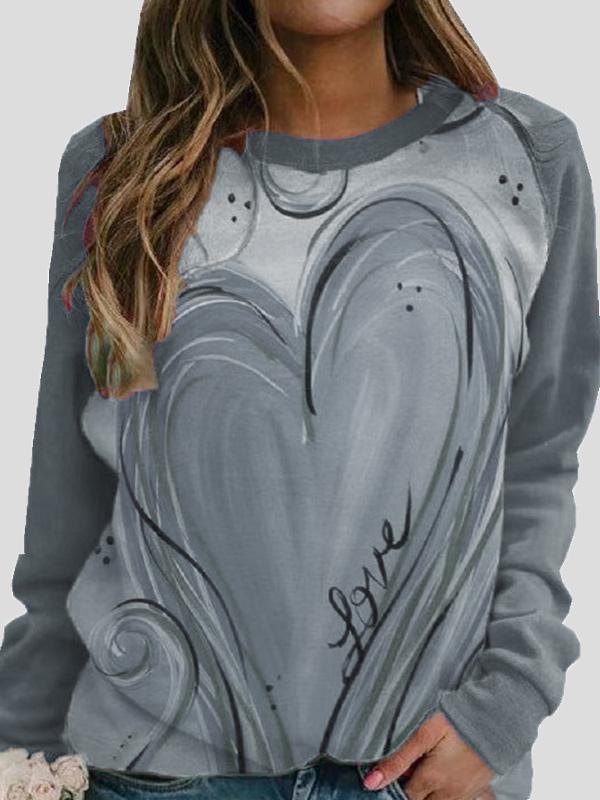 Round Neck Heart-Shaped Print Long Sleeve T-Shirt