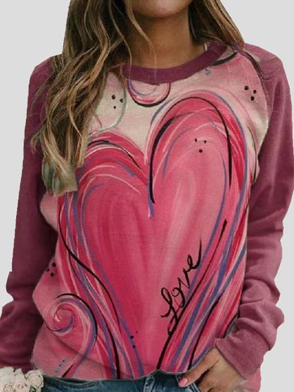 T-Shirts - Round Neck Heart-Shaped Print Long Sleeve T-Shirt - MsDressly
