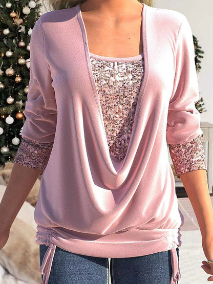 T-Shirts - Sequin Panel Solid Long Sleeve Drop Collar Pleated T-Shirt - MsDressly