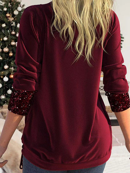 T-Shirts - Sequin Panel Solid Long Sleeve Drop Collar Pleated T-Shirt - MsDressly