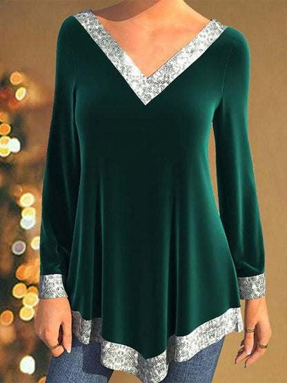 Sequin Panel V-Neck Long Sleeve T-Shirt