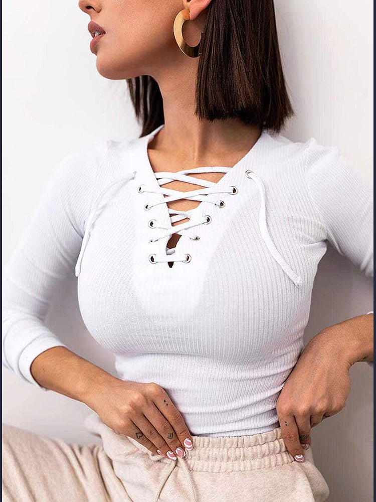 T-Shirts - Solid Color Long Sleeve V-Neck Knitted Sexy T-Shirt - MsDressly