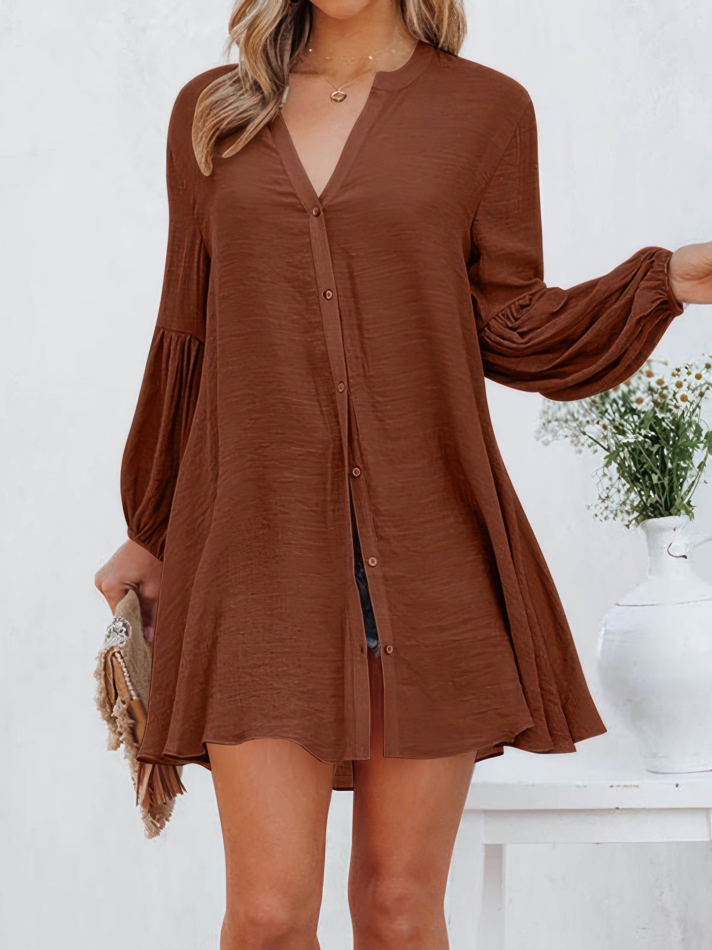 T-Shirts - Solid Stitching Long Sleeves Button Ruffled T-Shirt - MsDressly