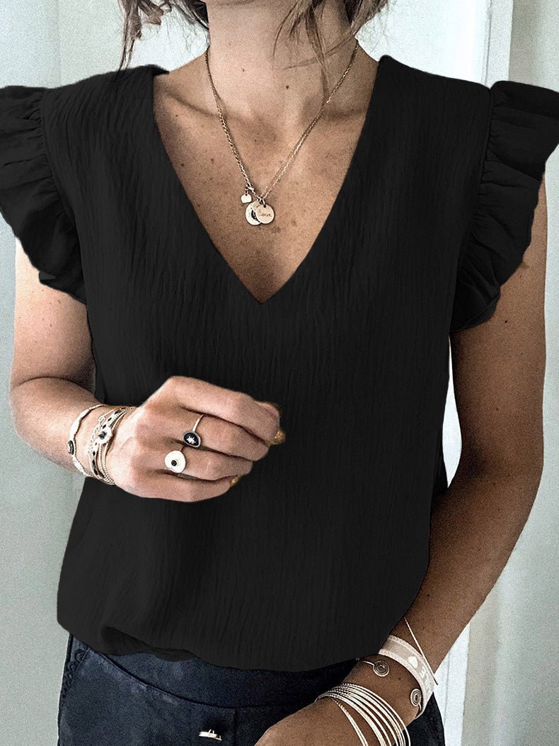 T-Shirts - Solid V-Neck Ruffle Sleeve T-Shirt - MsDressly