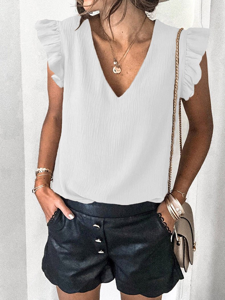 T-Shirts - Solid V-Neck Ruffle Sleeve T-Shirt - MsDressly