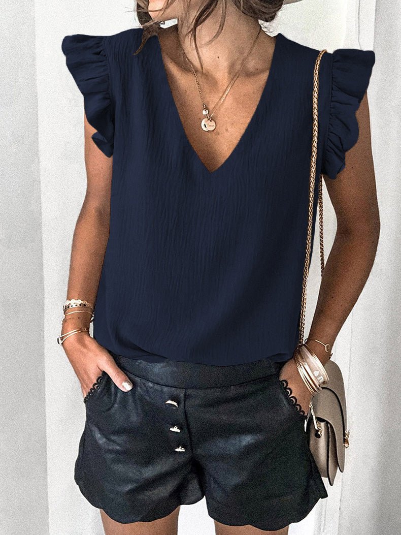 T-Shirts - Solid V-Neck Ruffle Sleeve T-Shirt - MsDressly