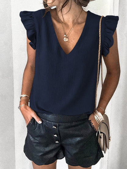 T-Shirts - Solid V-Neck Ruffle Sleeve T-Shirt - MsDressly