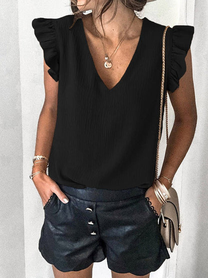Solid V-Neck Ruffle Sleeve T-Shirt