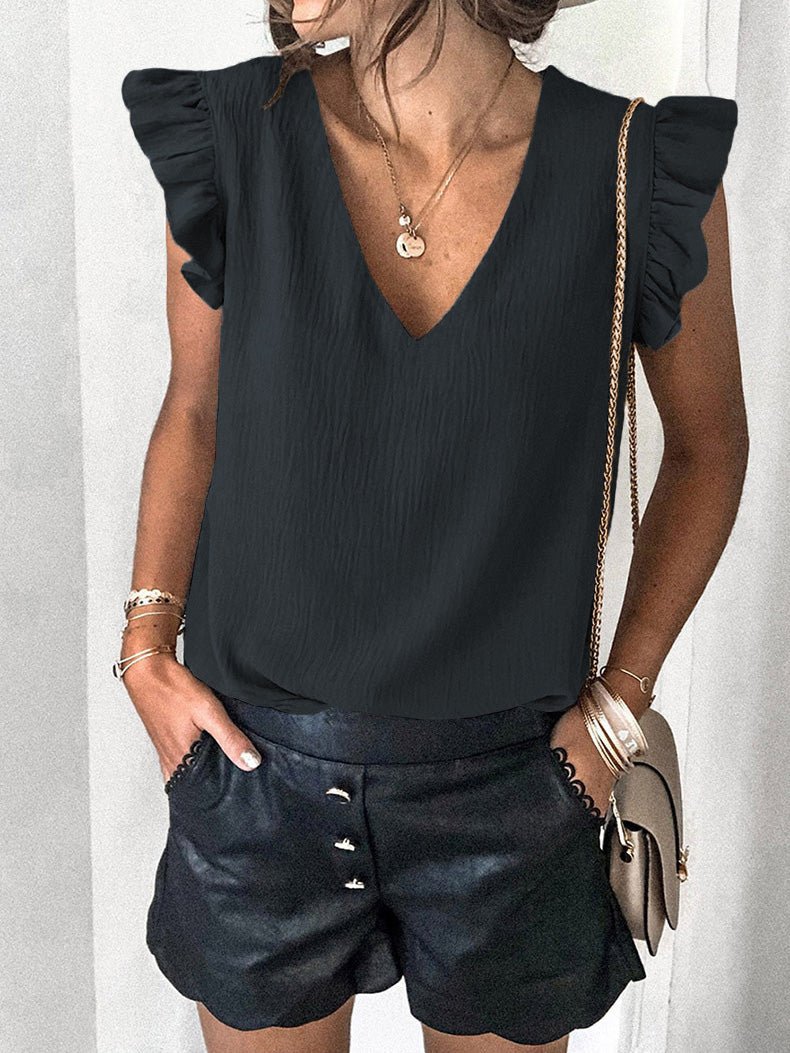 Solid V-Neck Ruffle Sleeve T-Shirt