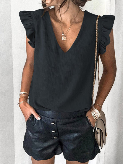 Solid V-Neck Ruffle Sleeve T-Shirt