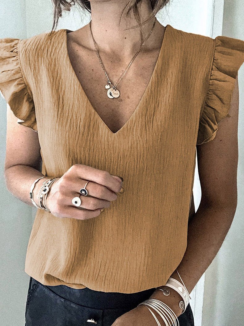 T-Shirts - Solid V-Neck Ruffle Sleeve T-Shirt - MsDressly