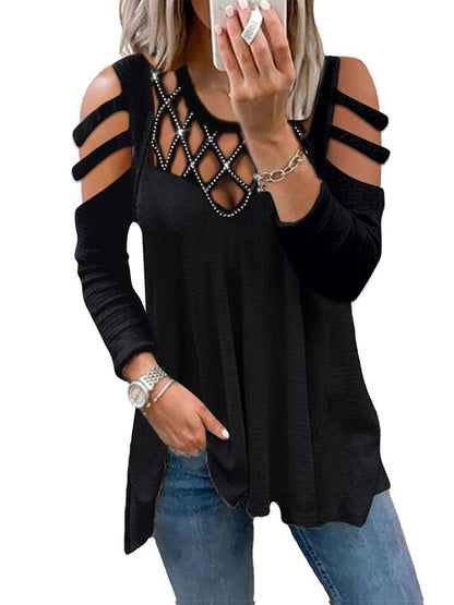 T-Shirts - V Neck Solid Hollow Ironing Diamond T-Shirt - MsDressly