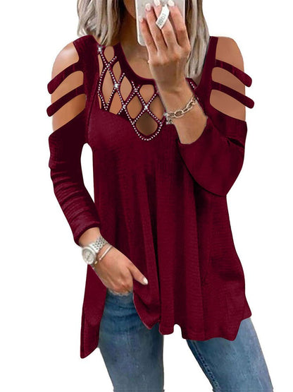 T-Shirts - V Neck Solid Hollow Ironing Diamond T-Shirt - MsDressly