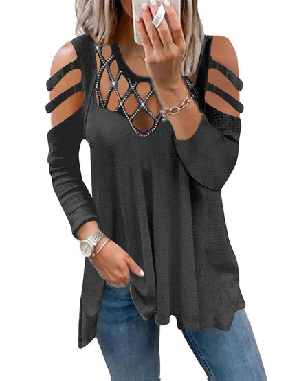 T-Shirts - V Neck Solid Hollow Ironing Diamond T-Shirt - MsDressly