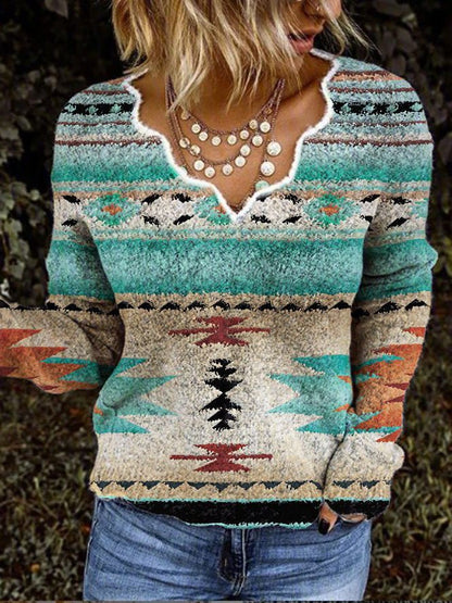 T-Shirts - Wavy Neck Printed Long Sleeve Knit T-Shirt - MsDressly