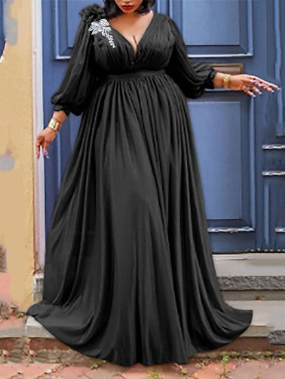 Women's Dress - Plus Size Party Dress Solid Color V Neck Ruched 3/4 Length Sleeve Spring Fall Elegant Formal Prom Dress Maxi long Dress Party Back to School Dress / Homecoming Dress