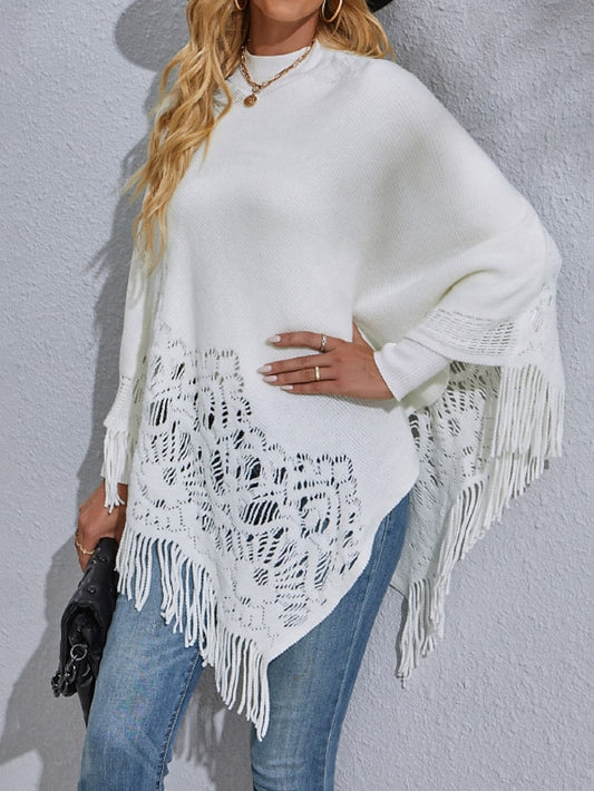 Women's Poncho Sweater Crew Neck Ribbed Knit Acrylic Tassel Knitted Fall Winter Tunic Outdoor Daily Holiday Stylish Casual Soft Long Sleeve Pure Color Black White Red S M L