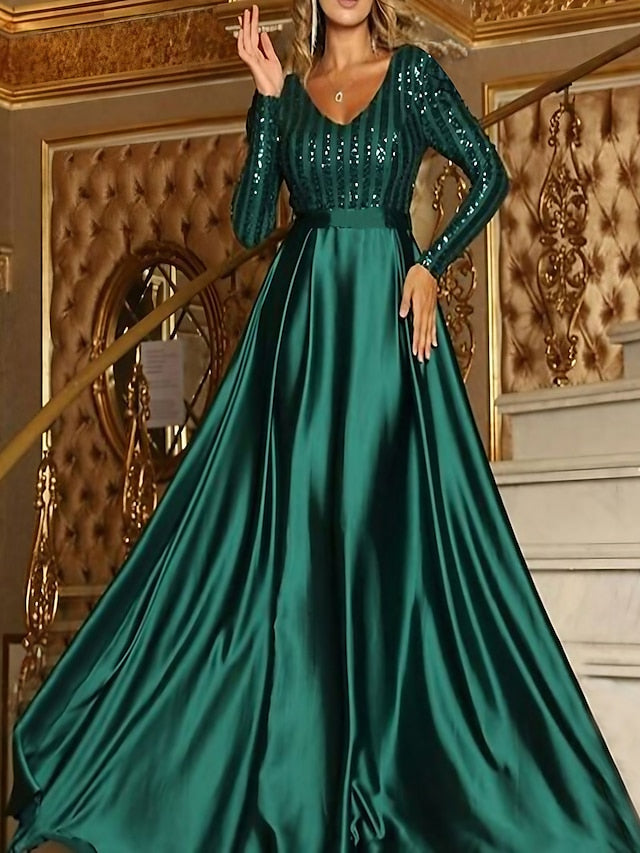 Women's Dress - Formal Party Dress Satin Dress Maxi Dress Green Khaki Silver Beige Black Long Sleeve Pure Color Sequins Winter V Neck Stylish Elegant Wedding Guest Fall Dress 2023 M L XL XXL 3XL 4XL