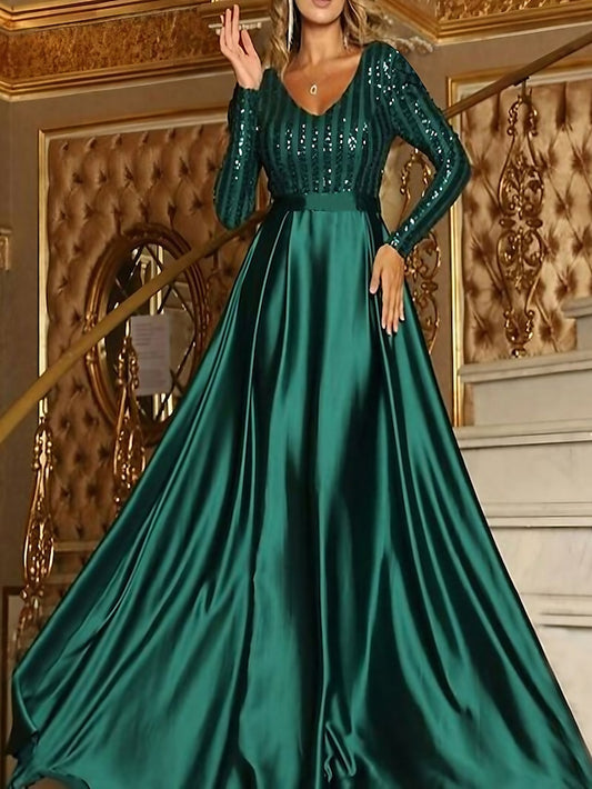 Women's Dress - Formal Party Dress Satin Dress Maxi Dress Green Khaki Silver Beige Black Long Sleeve Pure Color Sequins Winter V Neck Stylish Elegant Wedding Guest Fall Dress 2023 M L XL XXL 3XL 4XL