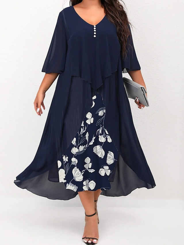 Women's Plus Size Curve Work Dress Floral V Neck Ruched 3/4 Length Sleeve Spring Summer Work Elegant Midi Dress  Layered Formal Vacation Dress - LuckyFash™